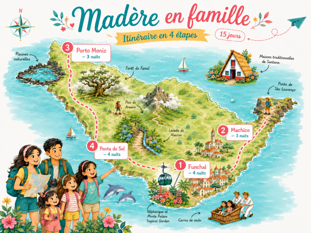 Carte d’un voyage à Madère en famille de 15 jours avec les étapes Funchal, Machico, Porto Moniz et Ponta do Sol