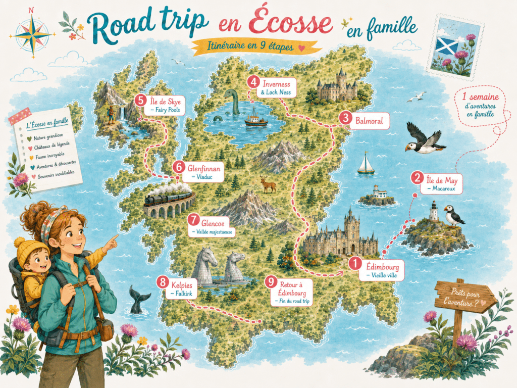 L’itinéraire de cette semaine en Écosse : Édimbourg, Isle of May, Balmoral, Inverness et le Loch Ness, l’île de Skye, Glenfinnan, Glencoe, les Kelpies puis retour à Édimbourg.