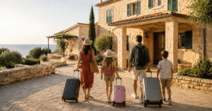 Une famille arrive avec ses valises dans son hébergement de vacances
