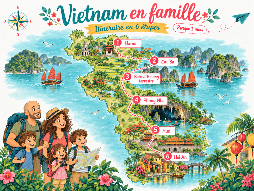Carte de l’itinéraire de 24 jours au Vietnam en famille entre Hanoï, Cat Ba, Ninh Binh, Phong Nha, Hué et Hoi An