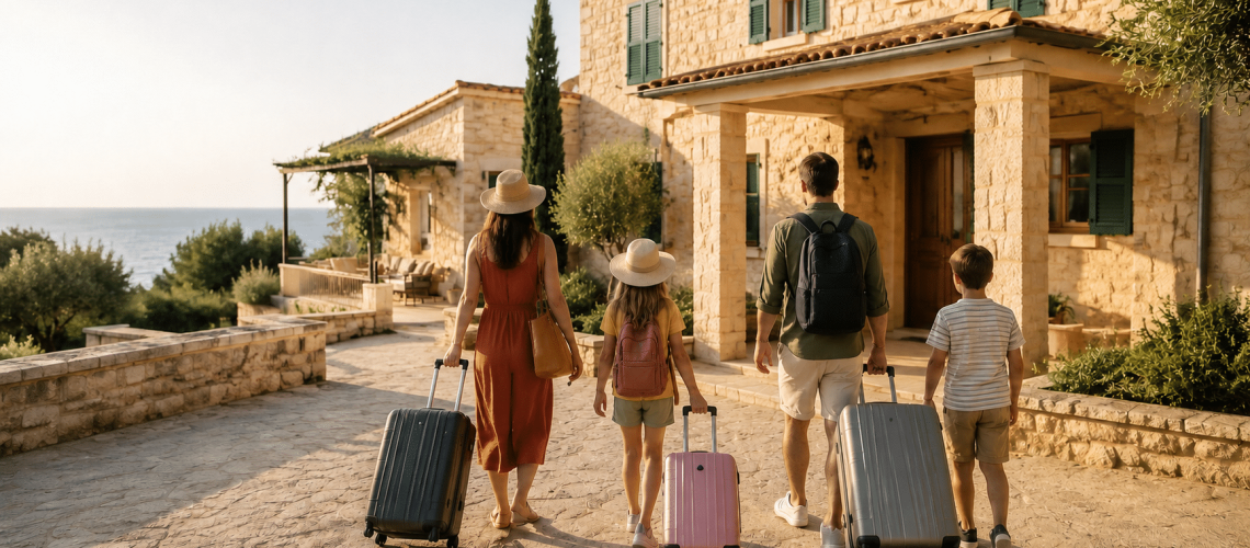 Une famille arrive avec ses valises dans son hébergement de vacances