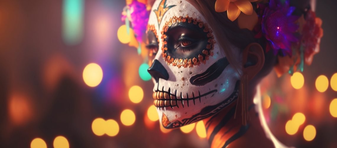 A woman with intricate skull makeup honors the dead on Dia de los Muertos, a Mexican holiday celebrating the departed.